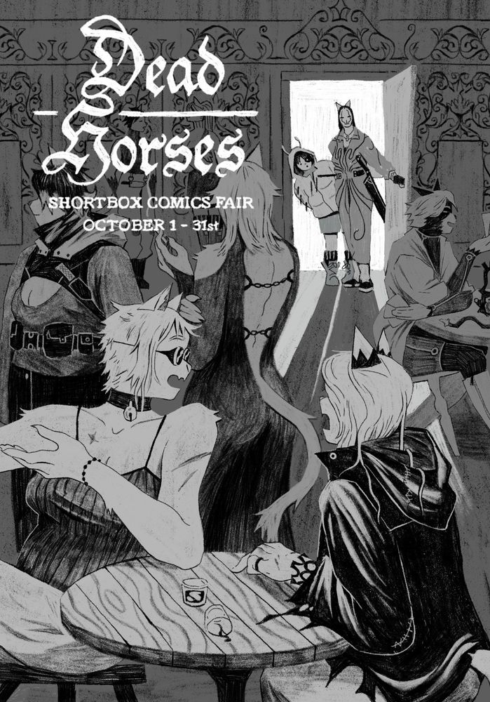 text reads DEAD HORSES, SHORTBOX COMICS FAIR OCTOBER 1st - 31st. Two catgirls in bug fashion enter a dimly lit lounge full of an eclectic mix of people