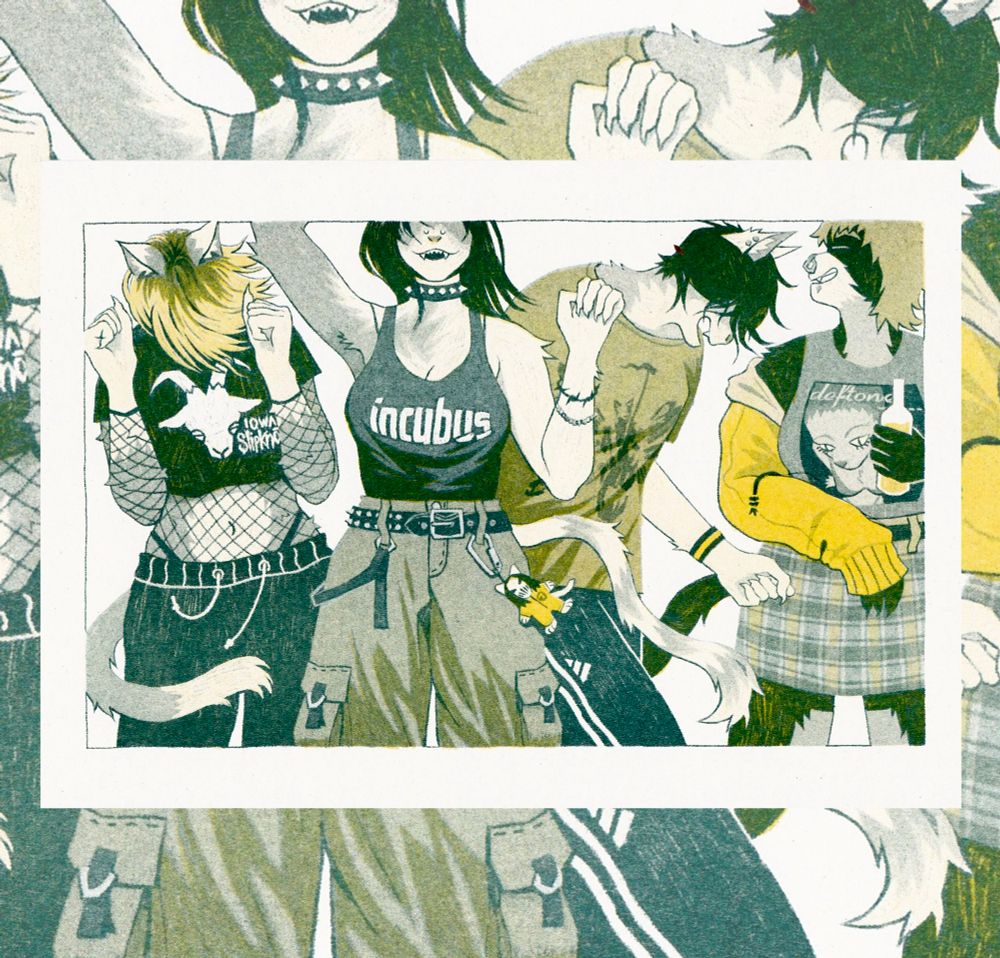 risograph print in hunter green + sunflower of 4 catgirls decked out in nu metal fashion 