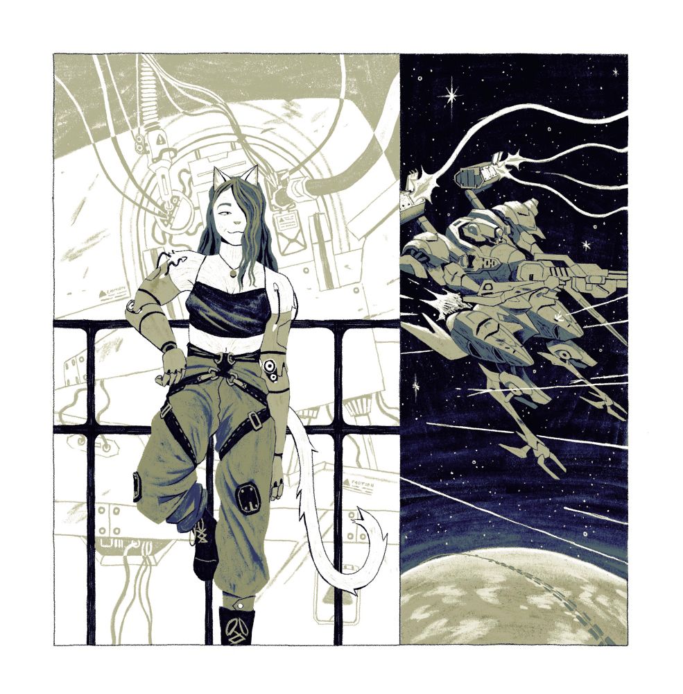 1st panel: Catgirl with robotic arms in a crop top + harness jumpsuit standing by a railing with a giant robot behind her. 
2nd panel: the same robot flying high above a planet, loosing a volley of missiles as it evades a hail of bullets