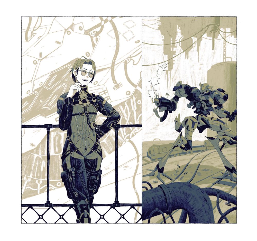 1st image - Human mech pilot standing in a hangar. 2nd image - mecha in an industrial area shooting a robot gun 