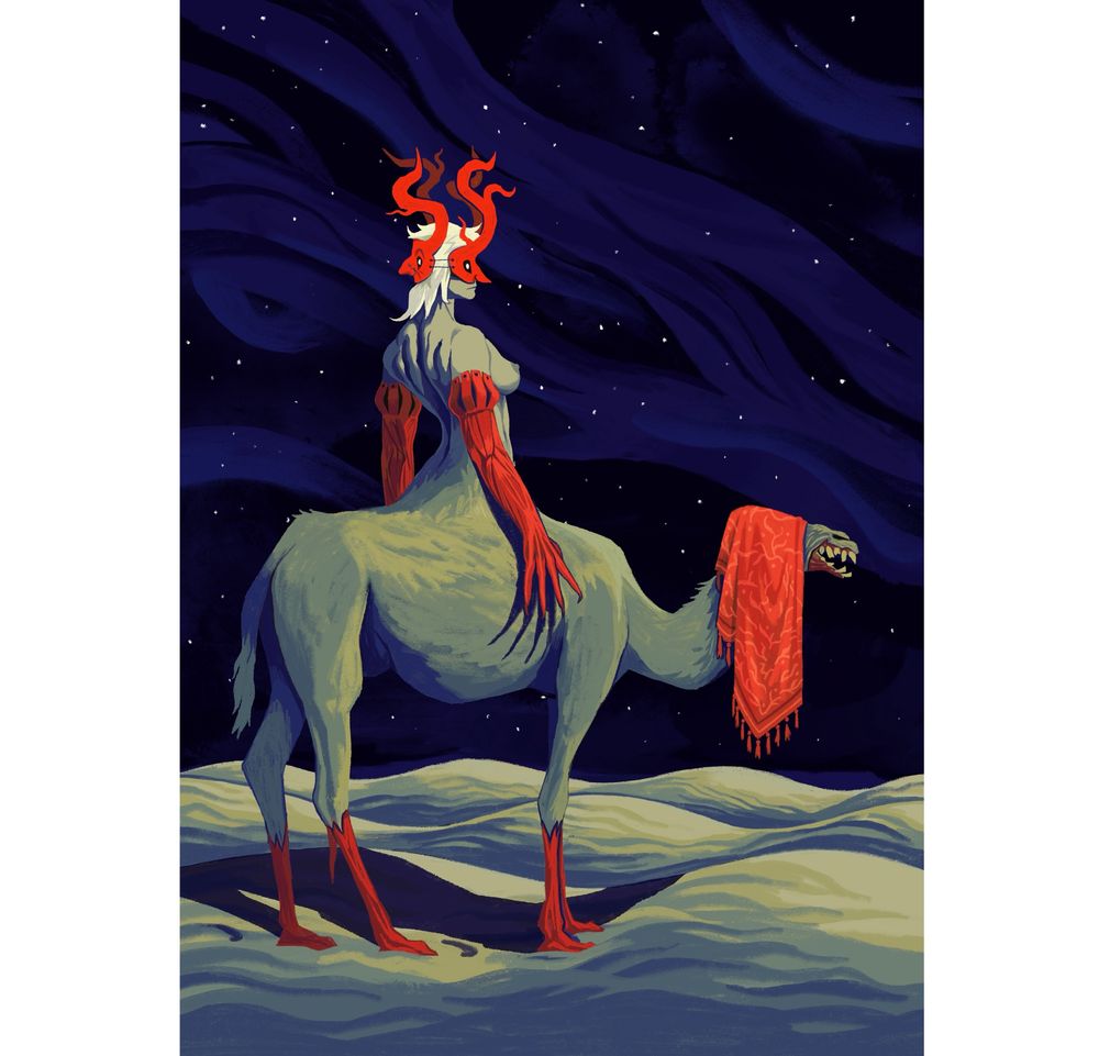 interpretation of the demon Uvall for an illustrated edition of the Ars Goetia; a humanoid torso sprouting from the hump of a grotesque camel, his arms flayed, and wearing two masks with bright red branching horns
