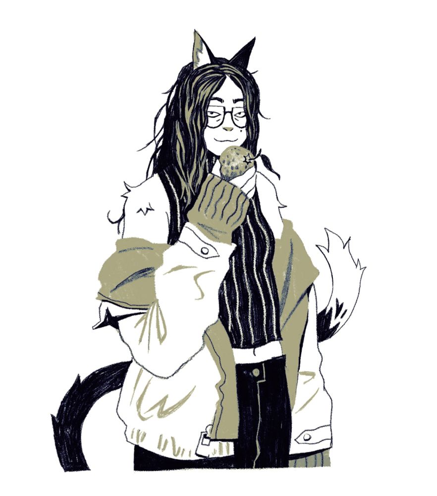 catgirl with long scraggly hair holding an orange (it’s me) 