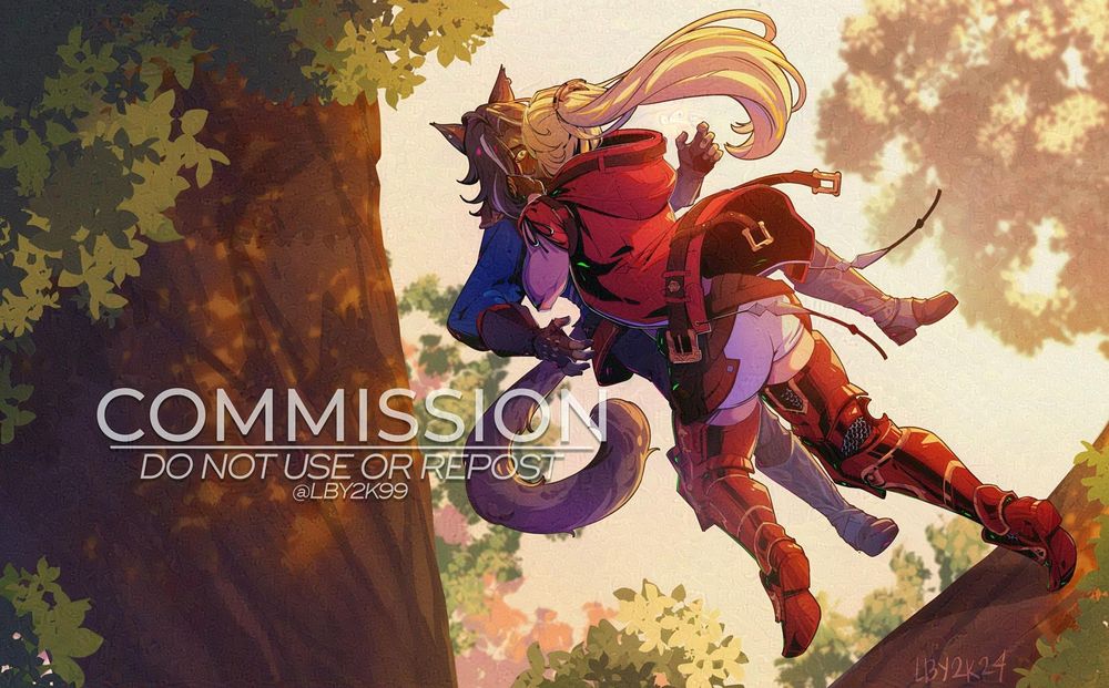 Art by Laby showing Sev getting tackled out of a tree by Lyse, who leapt at him in order to kiss him