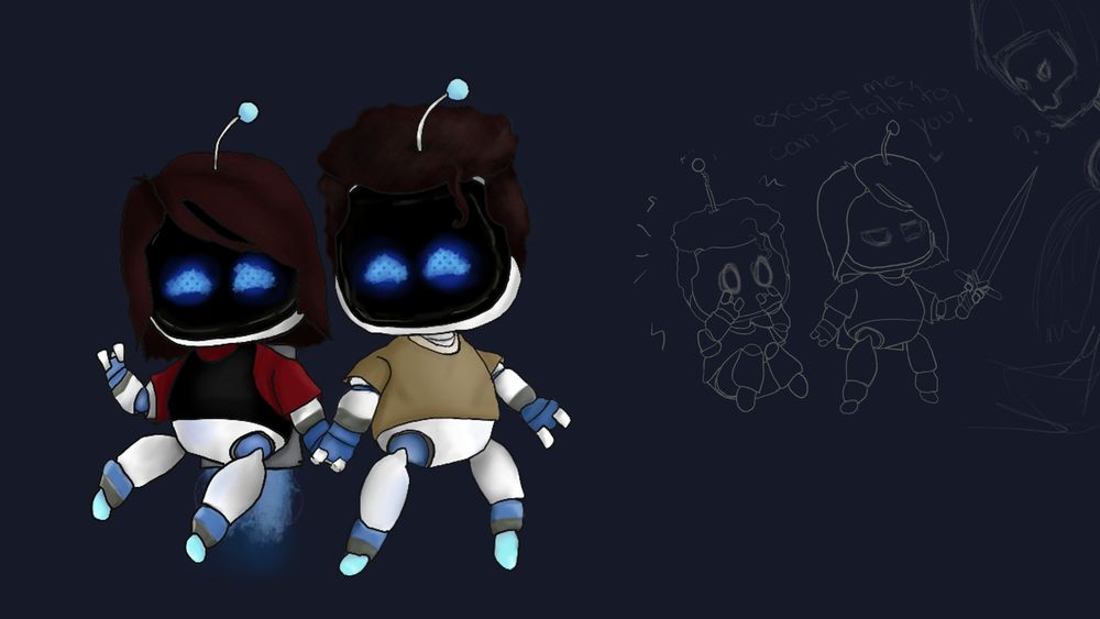Amelia and Bryan Dechart if they were drawn in a similar way to the bots in PlayStation game "Astro Bot".