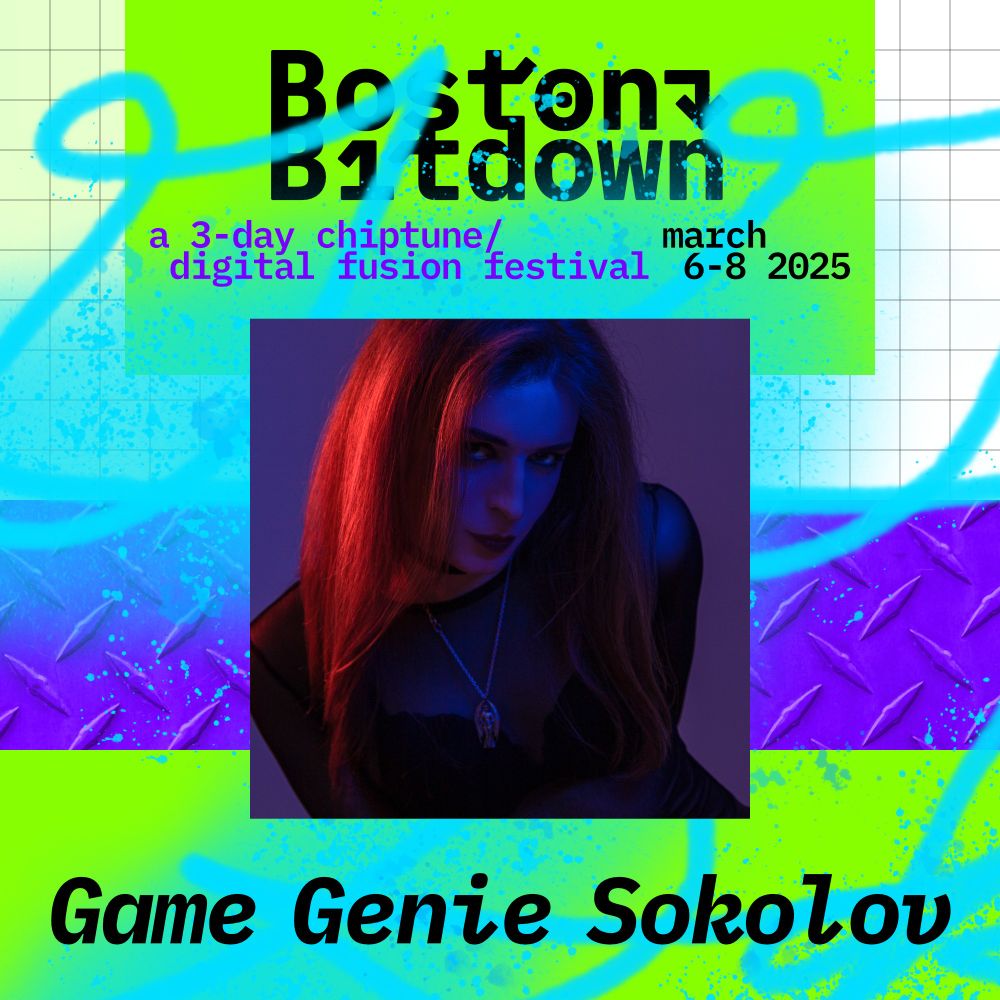 Game Genie Sokolov artfully lit and posing while leaning towards the camera and looking deep into your eyes superimposed over a variation on the BostonBitdown theme and logo under the words "a 3-day chiptune / digital fusion festival march 6 - 8 2025" 