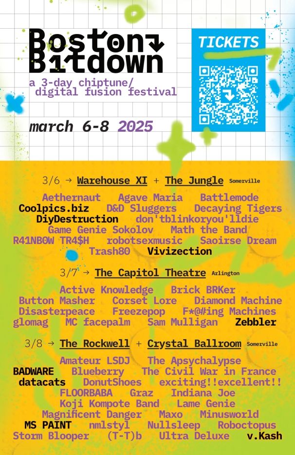 Full artists daily lineup for BostonBitdown March 6-8 2025 with a qr code link to purchase tickets.