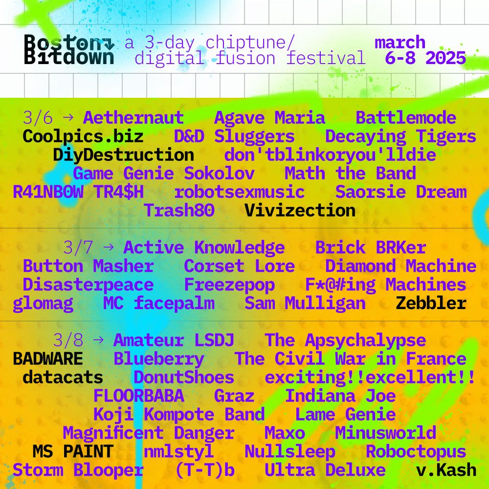 The full lineup for BostonBitdown by the day, in alphabetical order, all superimposed over a variation onnthe BostonBitdown theme and logo
