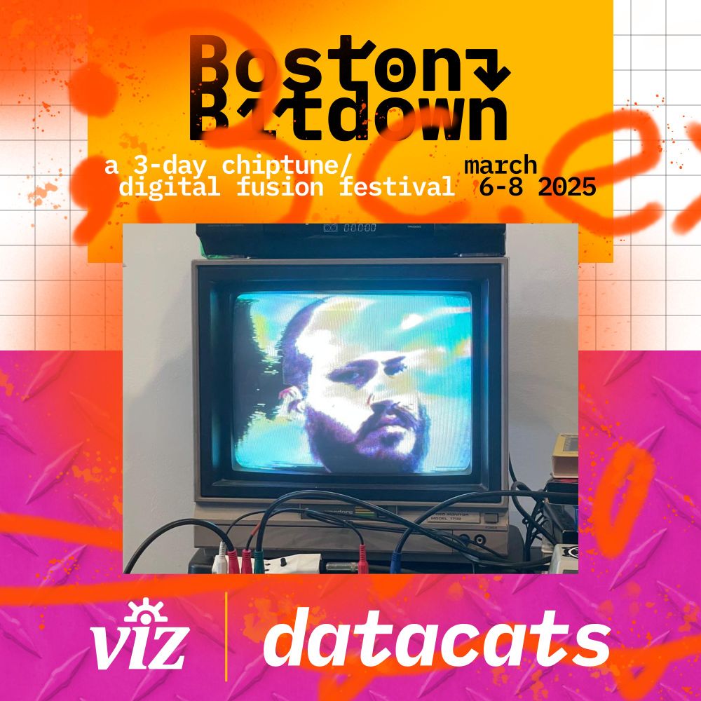datacats pictured on a CRT TV with cables likely from video gear or a gaming system below superimposed over a variation on the BostonBitdown theme and logo under the words "a 3-day chiptune  / digital fusion festival march 6 - 8 2025" the word VIZ is bottom right 