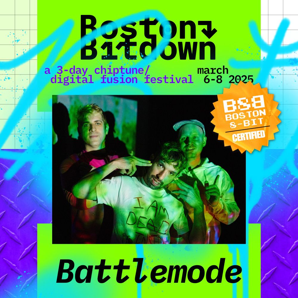 Battlemode theatrically lit superimposed over a variation on the BostonBitdown theme and logo below the words "a 3 day chiptune / digital fusion festival march 6 - 8 2025" there is also a stamp that says "B8B Boston8Bit certified"