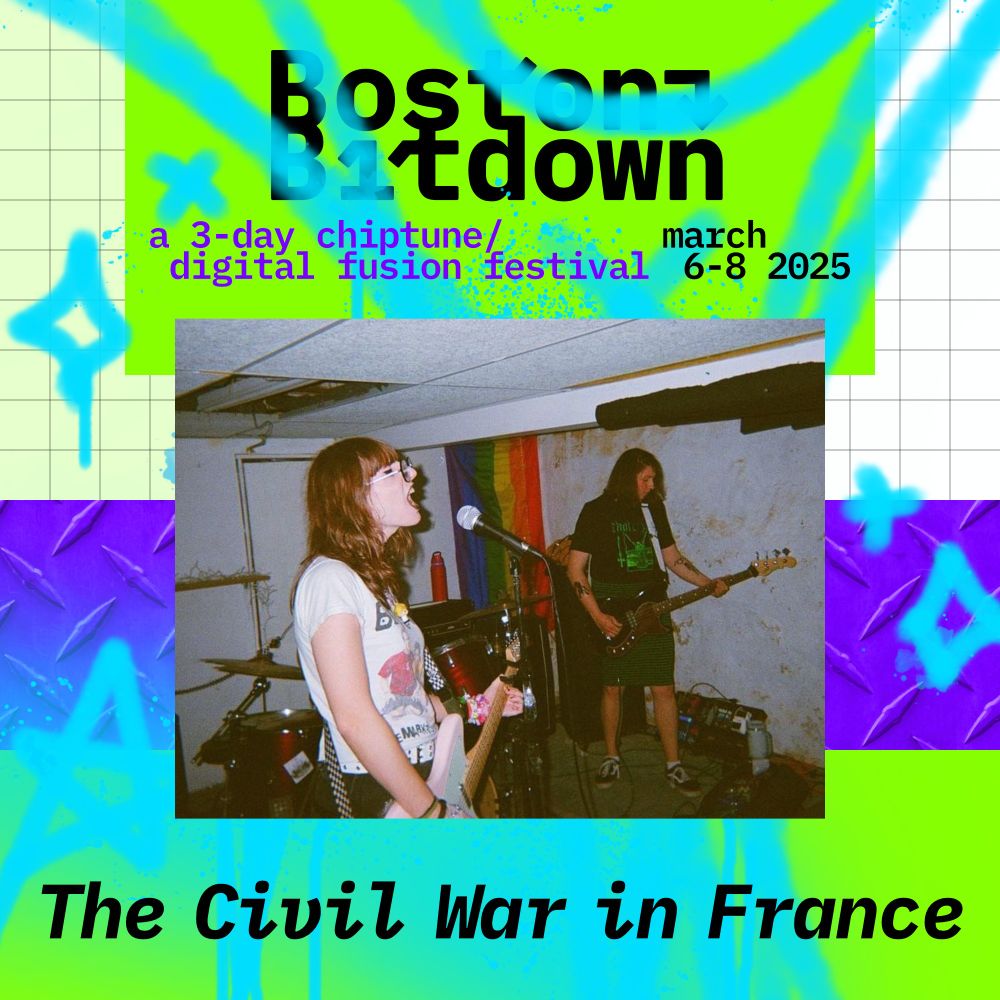 The Civil War in France playing music backed by a rainbow flag in a white room superimposed over a variation on the BostonBitdown theme and logo under the words " a 3 day chiptune / digital fusion festival march 6 - 8 2025"