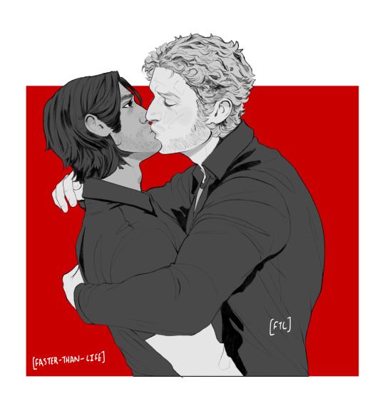 Black and white art of Jimmy and Captain Curly from the game Mouthwashing. Curly is embracing Jimmy and pulling him in for a kiss. Jimmy's posture is very stiff, and he is leaning back in Curly's hold, but he is kissing back. 