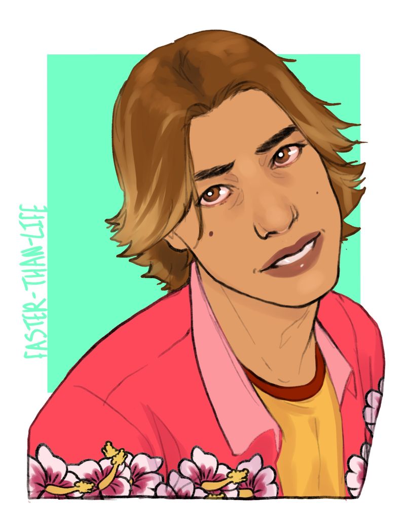Art of Daisuke from Mouthwashing. He is a young Japanese man with darker skin and light brown hair that has bleached ends. He is wearing a pink Hawaiian shirt over a yellow shirt with a red collar. He is smiling up at the viewer with his head turned and tilted slightly upwards. 