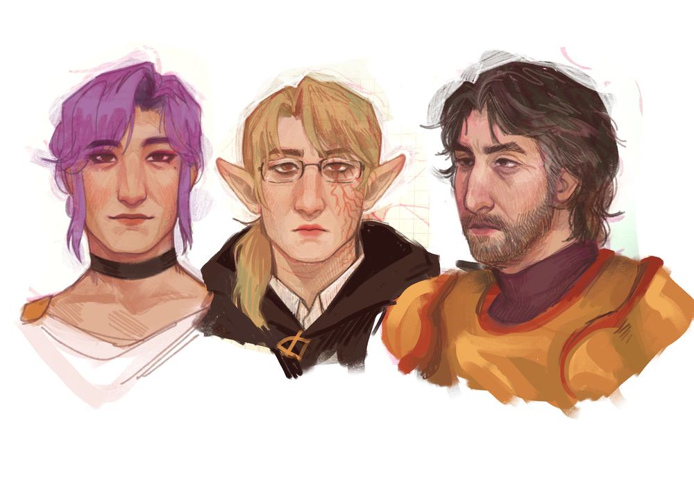Bust drawings of Bronte, Caoimhe, and Antistrophe on a white background.