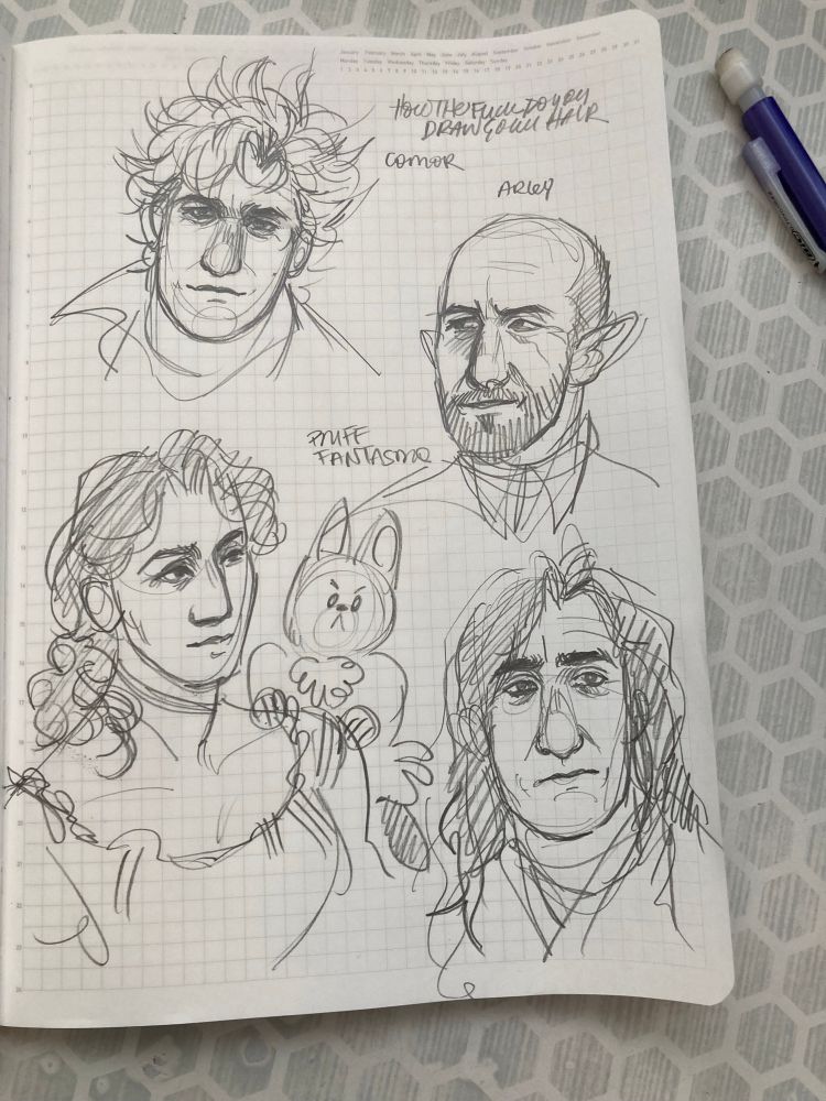 A sketch page of the new Perpetua worldbuilding PCs. Top to bottom is Comor, Arley, Glessi, and Harlow.