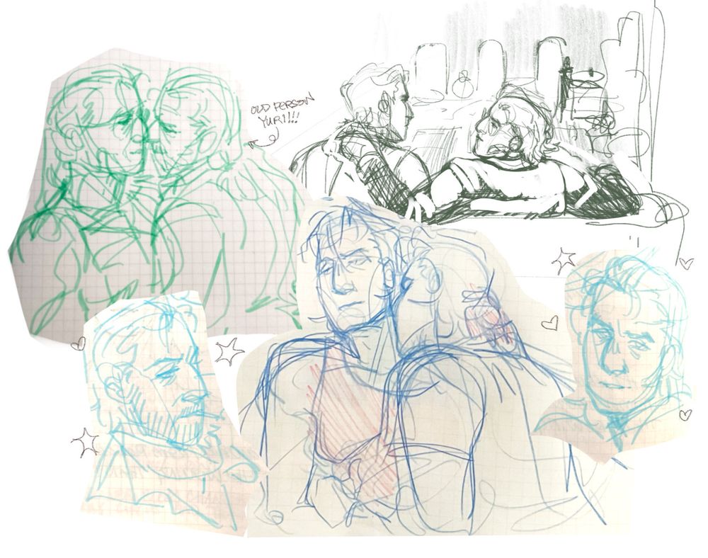 A page of various drawings of Kaz and Ocelot. In the upper left, they are the older versions of themselves, and Ocelot is leaning in to kiss Kaz, one hand on her cheek. In the top right, Kaz leans back on a couch, one hand on the nape of Ocelot's neck, while he looks at something in the distance. On the bottom, Kaz kisses Ocelot's neck. To the right and left are bust portraits of Kaz, and then Ocelot. 