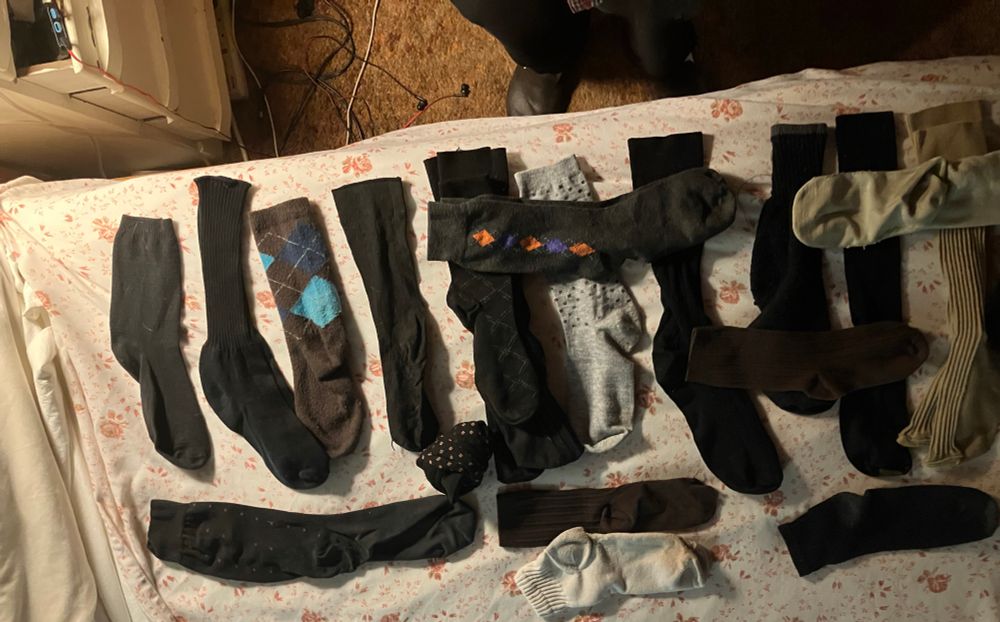 17 unmatched socks in a lineup 