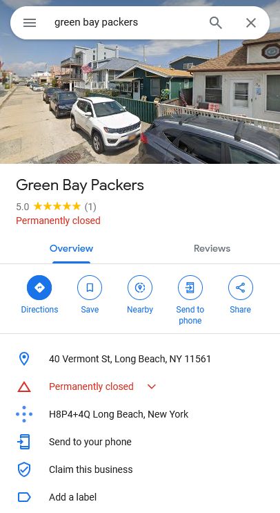 A google maps result for a business called "Green Bay Packers", located on long island. The business is marked as permanently closed.