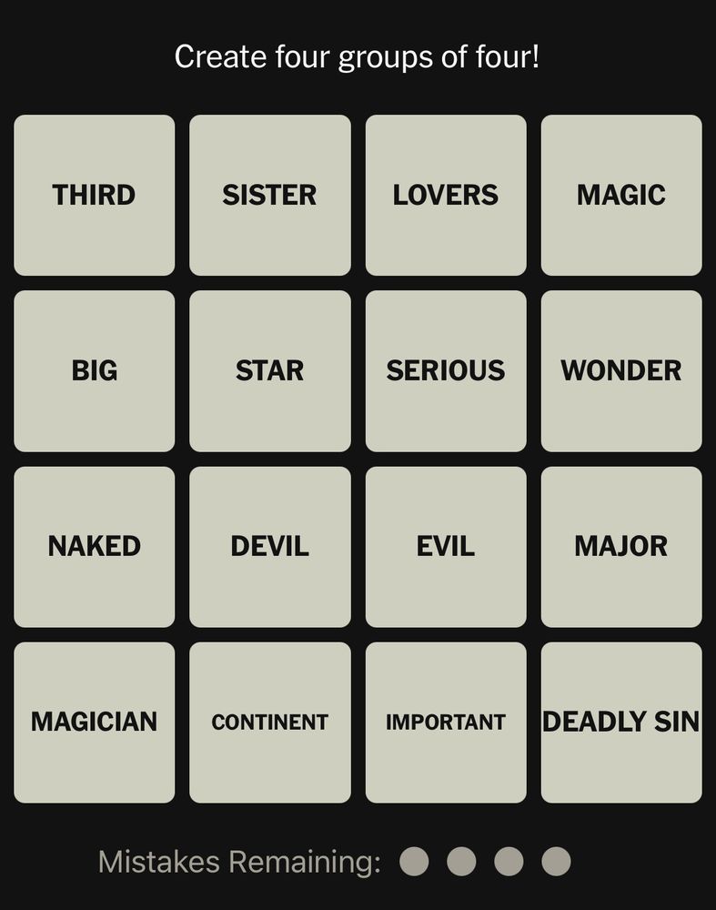 Screenshot of today’s NYT connections, which leads off with Third / Sister / Lovers, and has Big / Star on the following line.