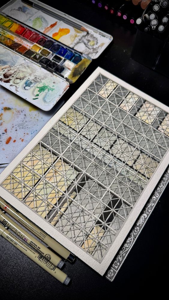 A close-up view of the grid facade drawing, highlighting the meticulous details and fineliner work. The image focuses on the depth and texture created by shadows and lines, showcasing the craftsmanship behind the piece.