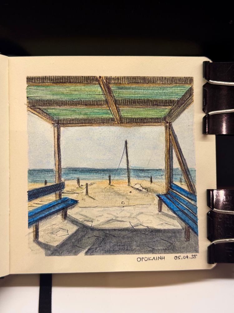 A watercolor painting of a beach in Oroklini, Cyprus
