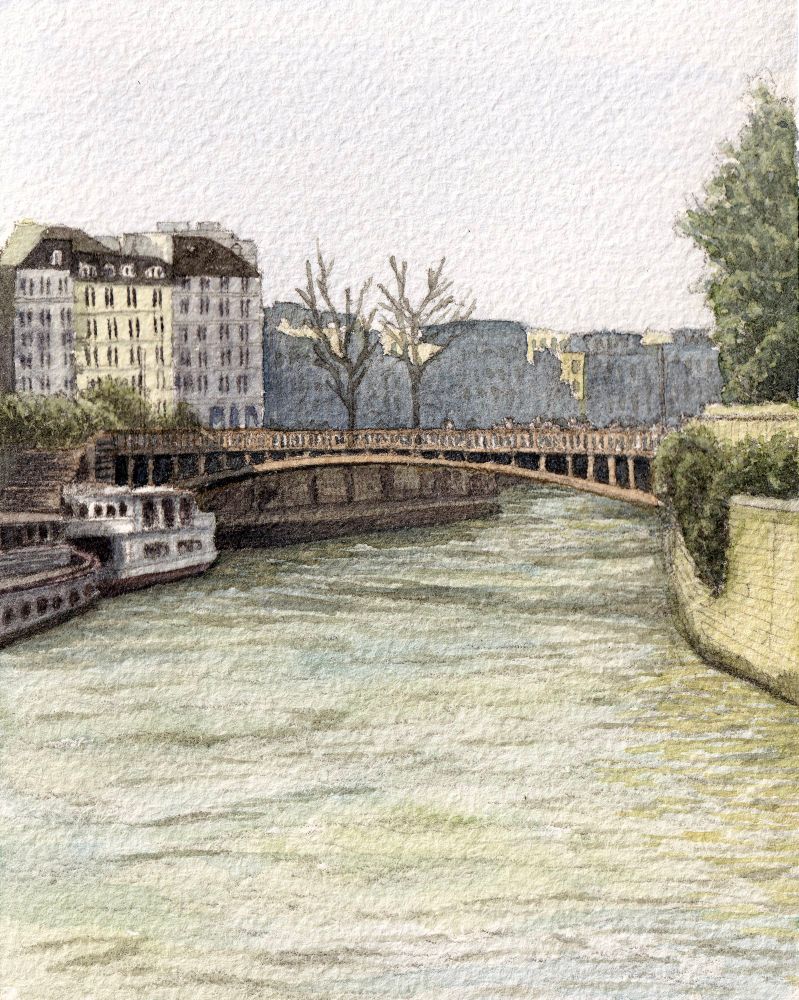 Watercolor painting and Urban Sketch of La Seine and Le Pont Au Double in Paris, France