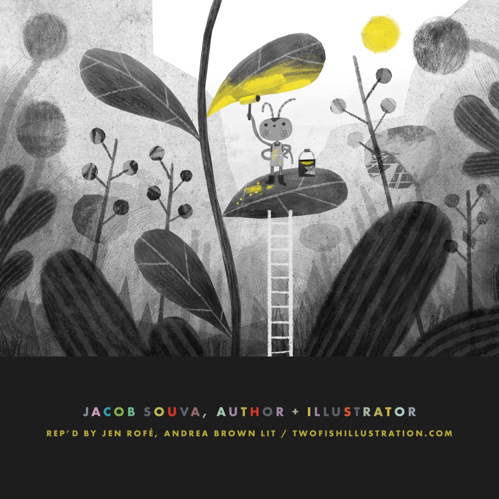 A wonderful bug climbs a ladder with a bucket of yellow paint. He is in a black and white world, bringing some yellow joy to his corner of it all.