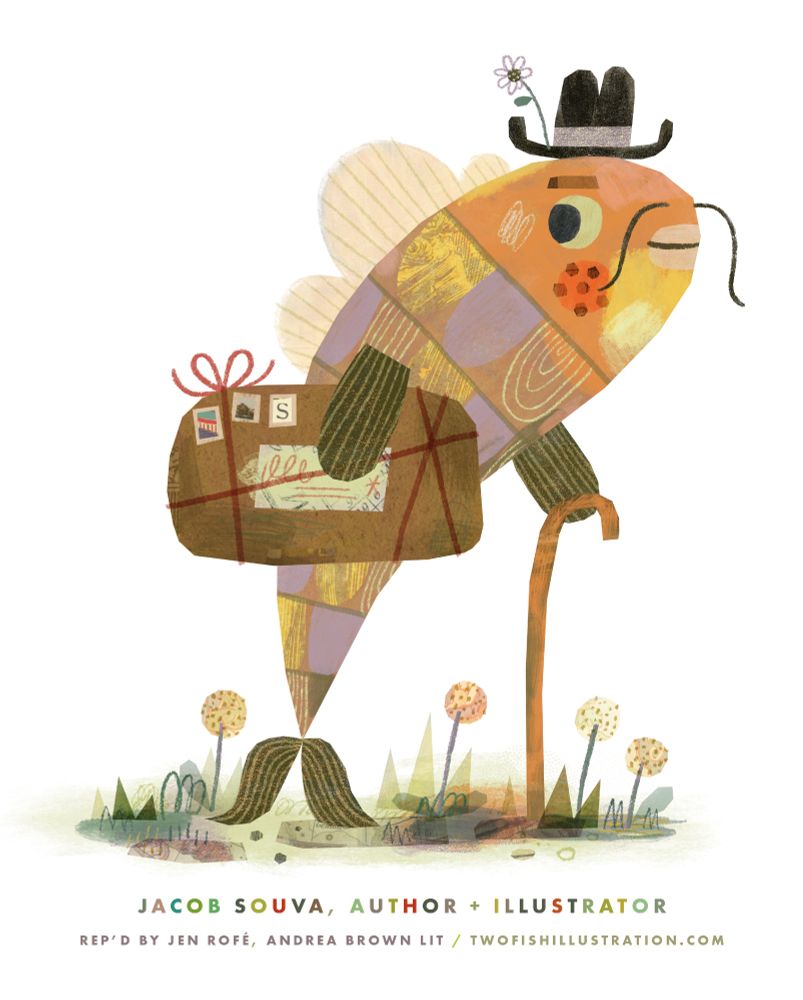 A catfish is holding a package while walking on the ground with a cane. He's smiling because he likes getting mail. There's a flower in his hat.