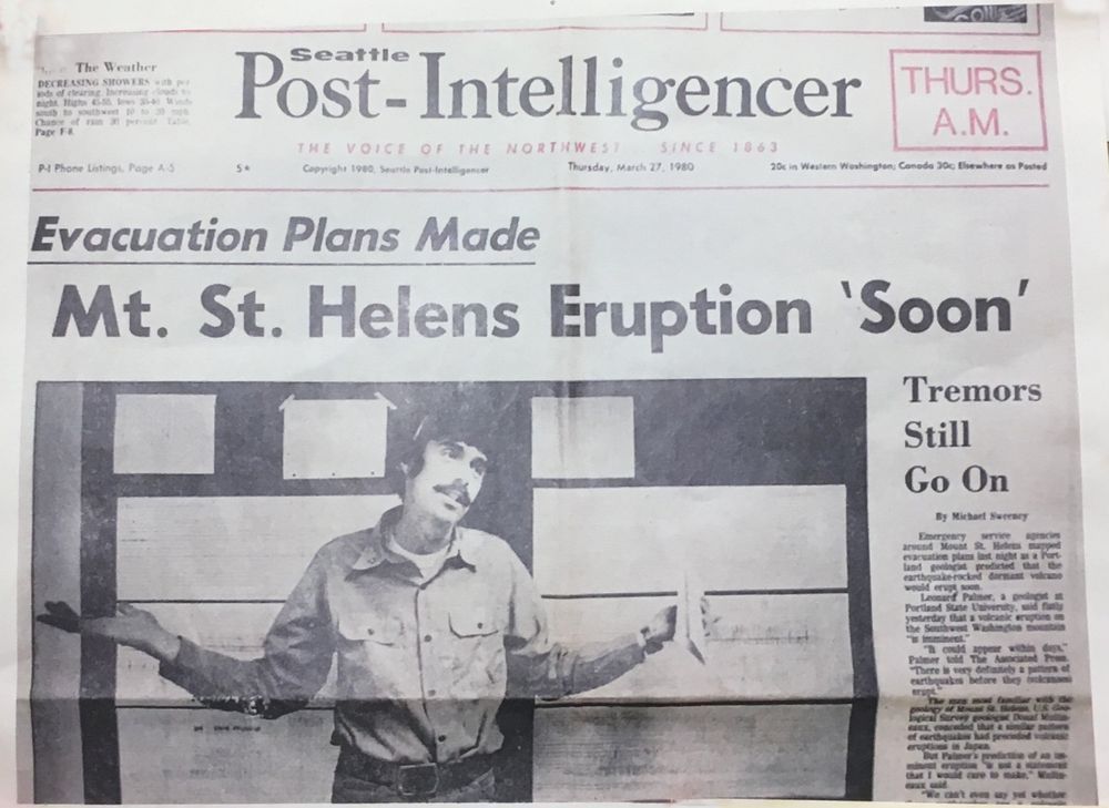 Seattle PI newspaper cover from March 27, 1980 featuring PNSN's Steve Malone declaring the "Mt. St. Helens Eruption [will be] 'soon.'"