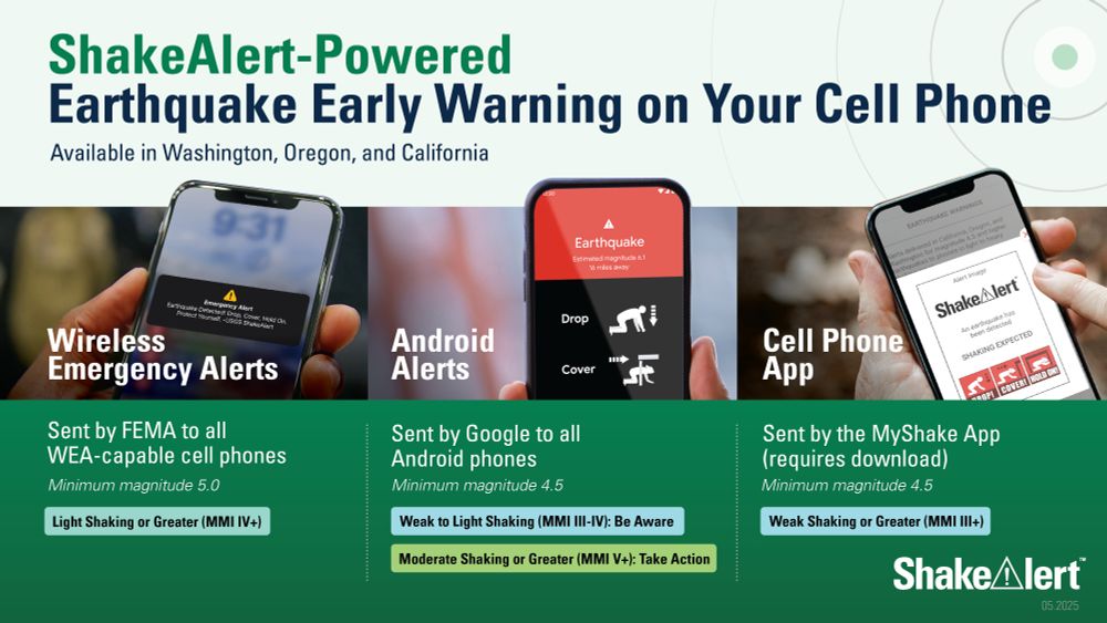This graphic describes how people can get earthquake early warning alerts on their cell phones.