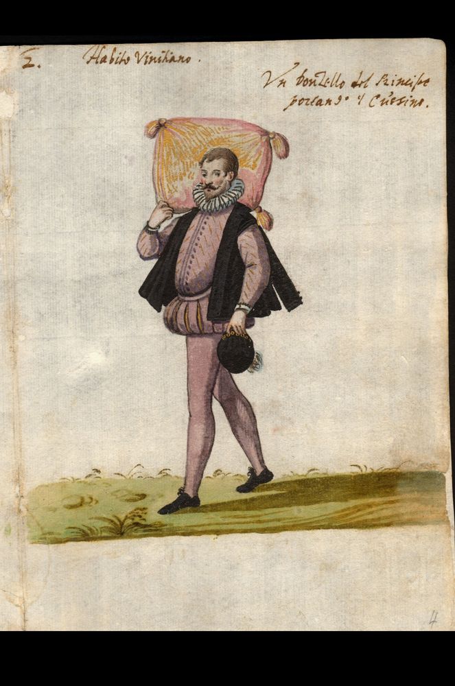A 16th-century illustration of a man in a Purple and black Renaissance outfit with a ruffled collar, black cape, and black shoes. He carries a large, ornate pillow on his shoulder, holding it with one hand while carrying a small hat in the other. The handwritten text above reads “Habito Vinitiano” and describes him as a servant carrying a cushion.