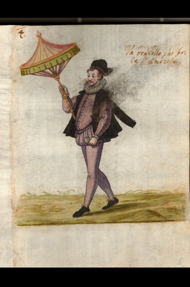 A 16th-century illustration of a man in Renaissance attire, holding a large, elegant parasol with a golden frame and pink fabric. He wears a black hat with a gold band and walks forward, holding the parasol upright. The handwritten text describes him as a servant carrying an umbrella.