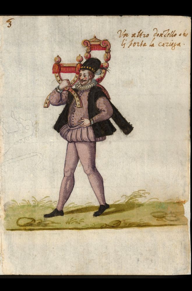 A 16th-century illustration of a man dressed in purple and black Renaissance clothing, wearing a black hat with gold trim. He is carrying an ornate, red and gold chair on his shoulder, gripping one of its curved arms. The handwritten text identifies him as another servant tasked with carrying a chair