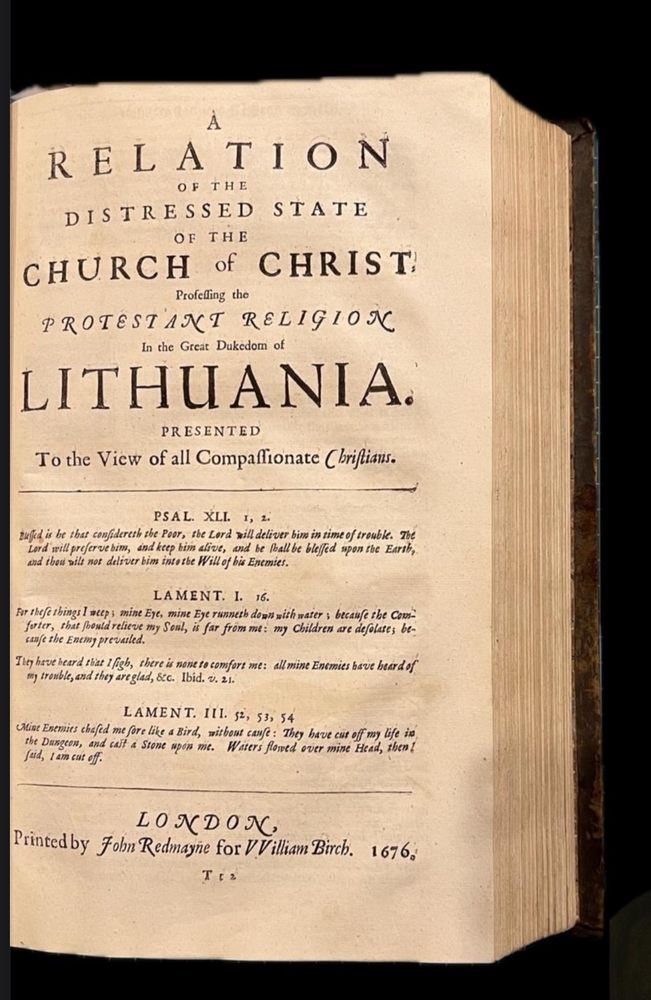 Title page of a book: A Relation of the Distressed Statė of the Church of Christ processing the Protestant Religiom in the Great Dukedom of Lithuania. 