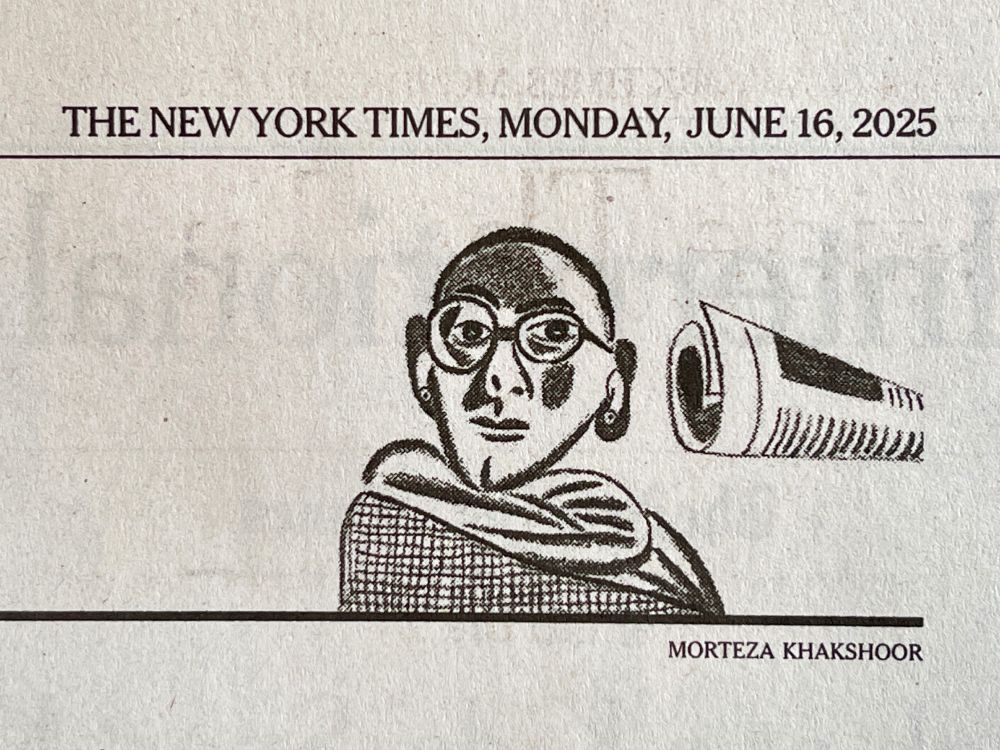 A portrait of a man with glasses and Airpods. There is a cylinder shaped newspaper pointed towards his left ear.