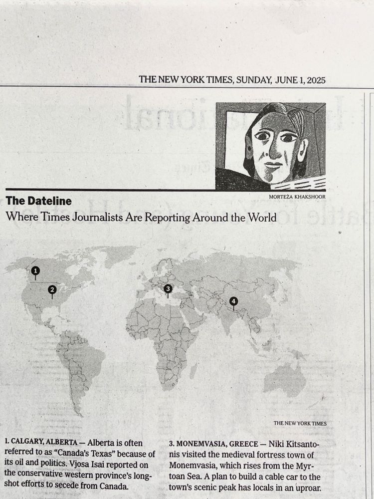 A newspaper page with a drawing on the upper right corner. On the main page there is a world map with a title The Dateline where Times journalists are reporting around the world.