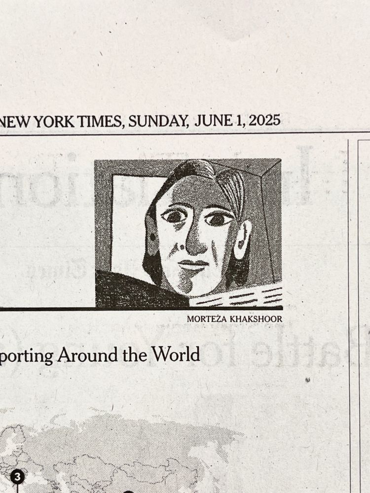 A closer look at the drawing. A portrait of a person reading a newspaper. Their hair is drawn as lines on the right side and filled with ink on the left. On their face there are darker and lighter patches showing the light contrast. The artist’s name Morteza Khakshoor is printed below the drawing.
