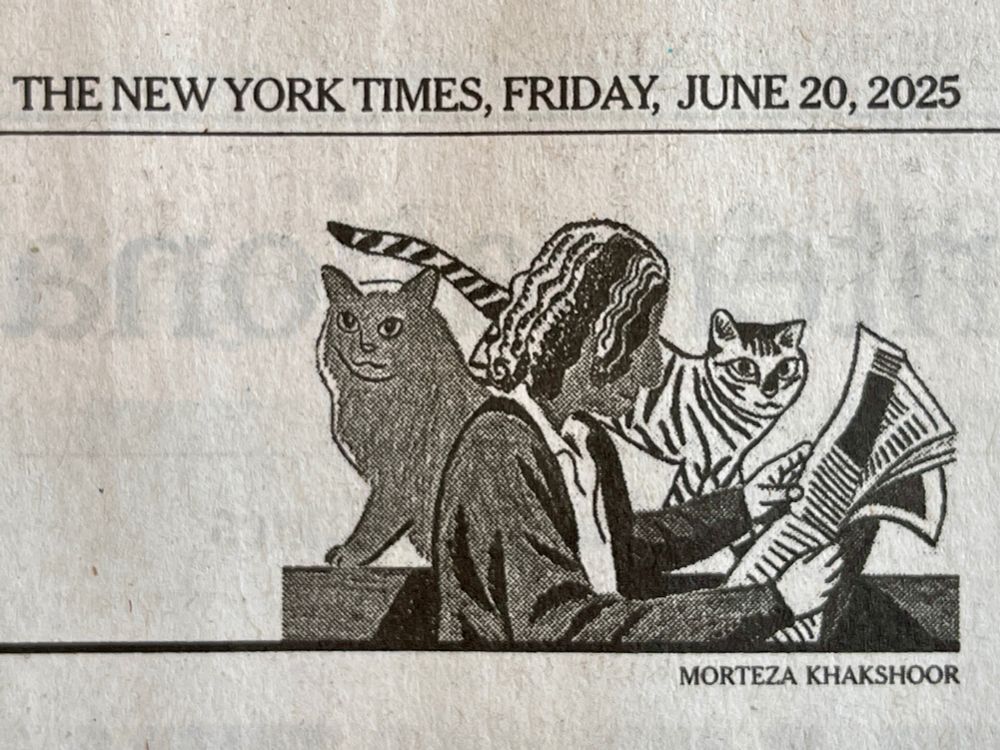 A side profile of a woman reading a newspaper. On her left there are two cats both of whom are looking in the direction of the viewer.