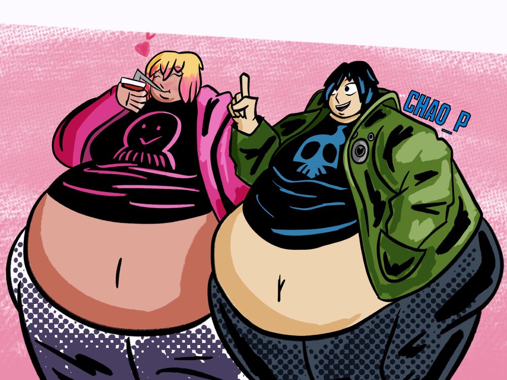 Super sized Gwenpool and Cecil walking together, with Cecil catching up with Gwen while she happily drinks from a soda cup.