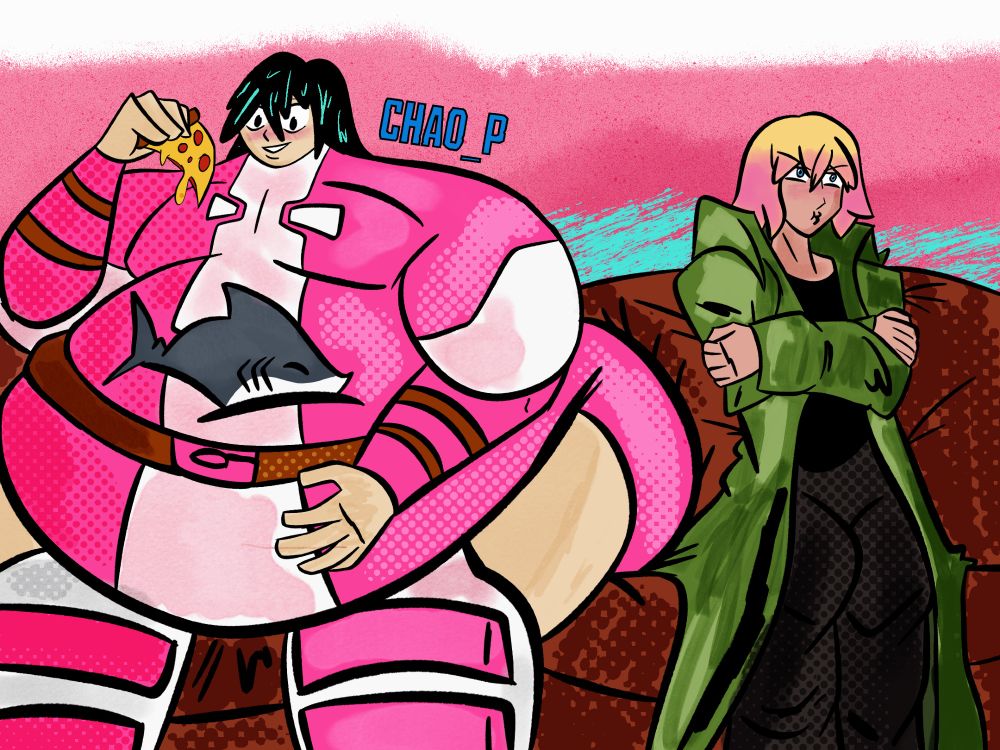 Gwenpool and Cecil sitting on the couch together with swapped costumes and weight. Cecil is at a hefty size and is enjoying some pizza while Jeff sleeps on his belly. Gwen is a lot more thin and pouty.