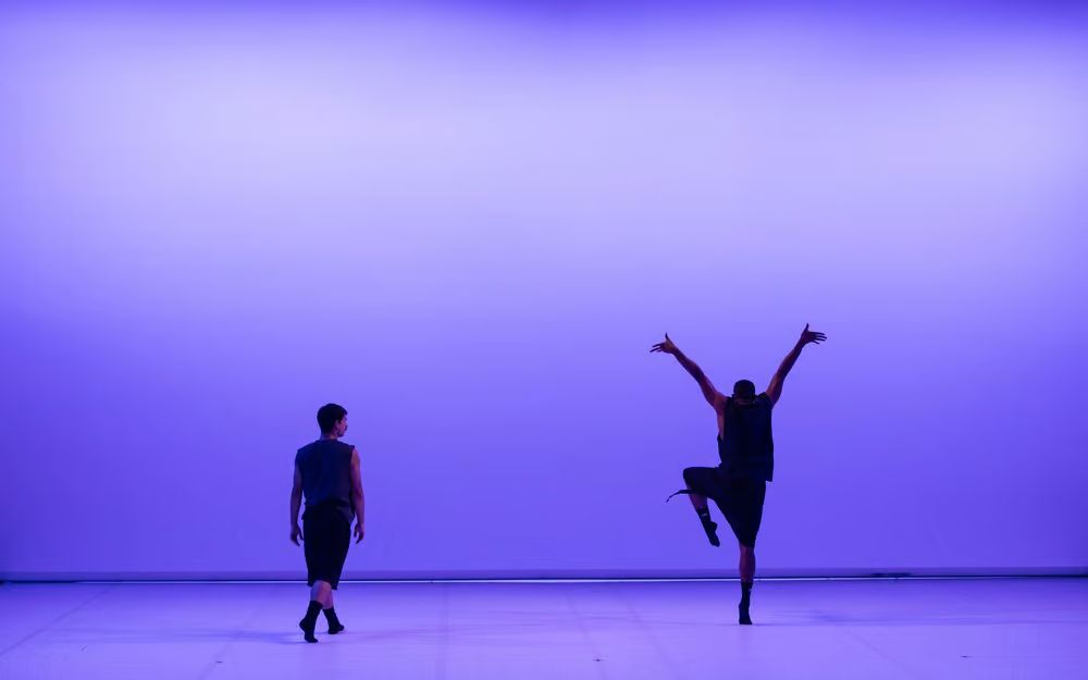 Two dancers silhouetted against a bright purple backdrop