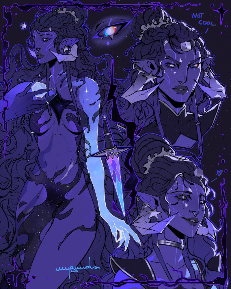 A compilation sheet of my OC Falenarel, on the left is a full-body piece. She is gazing off to the left as she attunes to her diamond die reading someone's future. She is draped in wisps resembling the cosmos. On the top right is her with a stern face saying "Not cool.", on the bottom right she is smiling with her eyes gazing into the distance. In the top centre is a closeup of her eye, and in the very centre sits her dagger slicing open the fabric of reality itself, revealing the void within, leaving behind a black starry rift across the canvas.