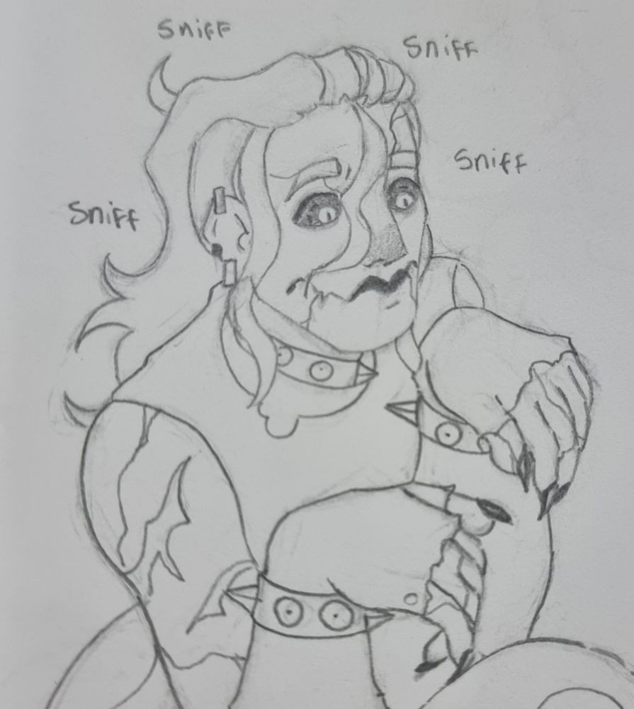 Desenho em grafite do um busto de um homem forte, com os braços encolhidos e as mãos suspensas para frente, como braços curtos de dinossauro. Também está escrito "snif snif snif" ao seu redor.

Ele tem cabelo liso médio jogado para trás, raspado nas laterais, com uma mecha grande na frente de cada orelha e uma no meio de seu rosto. Ele tem o rosto triangular, nariz grande e pontudo, tem rachaduras pelo rosto e corpo, usa batom no lábio superior e a linha de sua boca se estende nas laterais. Tem olhos com escleras pretas e pupilas de fenda, e está com uma expressão atenta. 

Usa três brincos nas orelhas, um na parte superior e dois na parte inferior. Também possui uma gargantilha e uma pulseira de espinhos em cada mão. Possui cicatrizes nos braços, usa uma regata rasgada e grandes luvas que vão até metade dos dedos. Ele tem garras enormes e afiadas. O desenho é cortado por sua cauda grossa passando por ele. 


