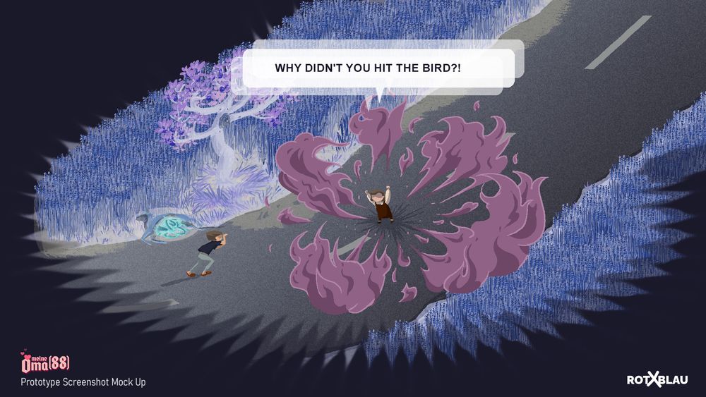 Mockup Screenshot of the Game Meine Oma (88) - It's the same scenery as before, but the grandmother does magic transformation. The grandmother is screaming and surrounded by purple flames.