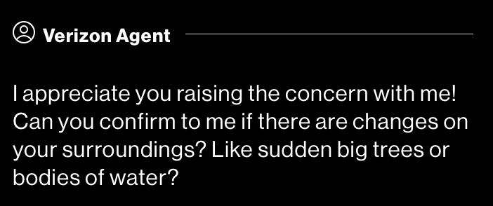 Screenshot of Verizon agent asking if there are sudden big trees or bodies of water around my house