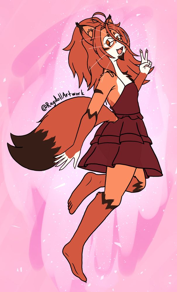 A digital drawing of an anthropomorphic cat on an abstract pink background. The cat has a masculine-leaning androgynous body type and is wearing a knee-length red dress. He is posing cutely with his lower half turned away from the viewer and his upper half turned toward, with his left hand making a peace sign.