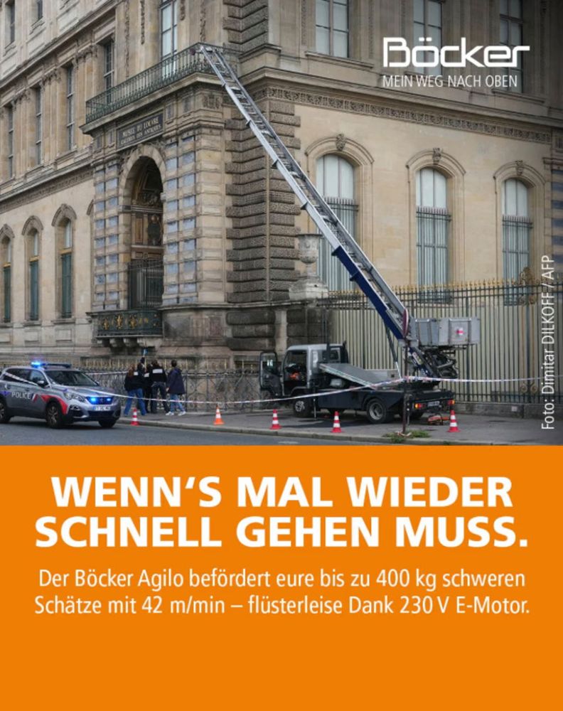 Werbeanzeige der Firma Böker. Die Firma hat den Leiterwagen produziert, der für den Einbruch in den Louvre benutzt wurde. Werbetext: Wenn es mal wieder schneller gehen muss.