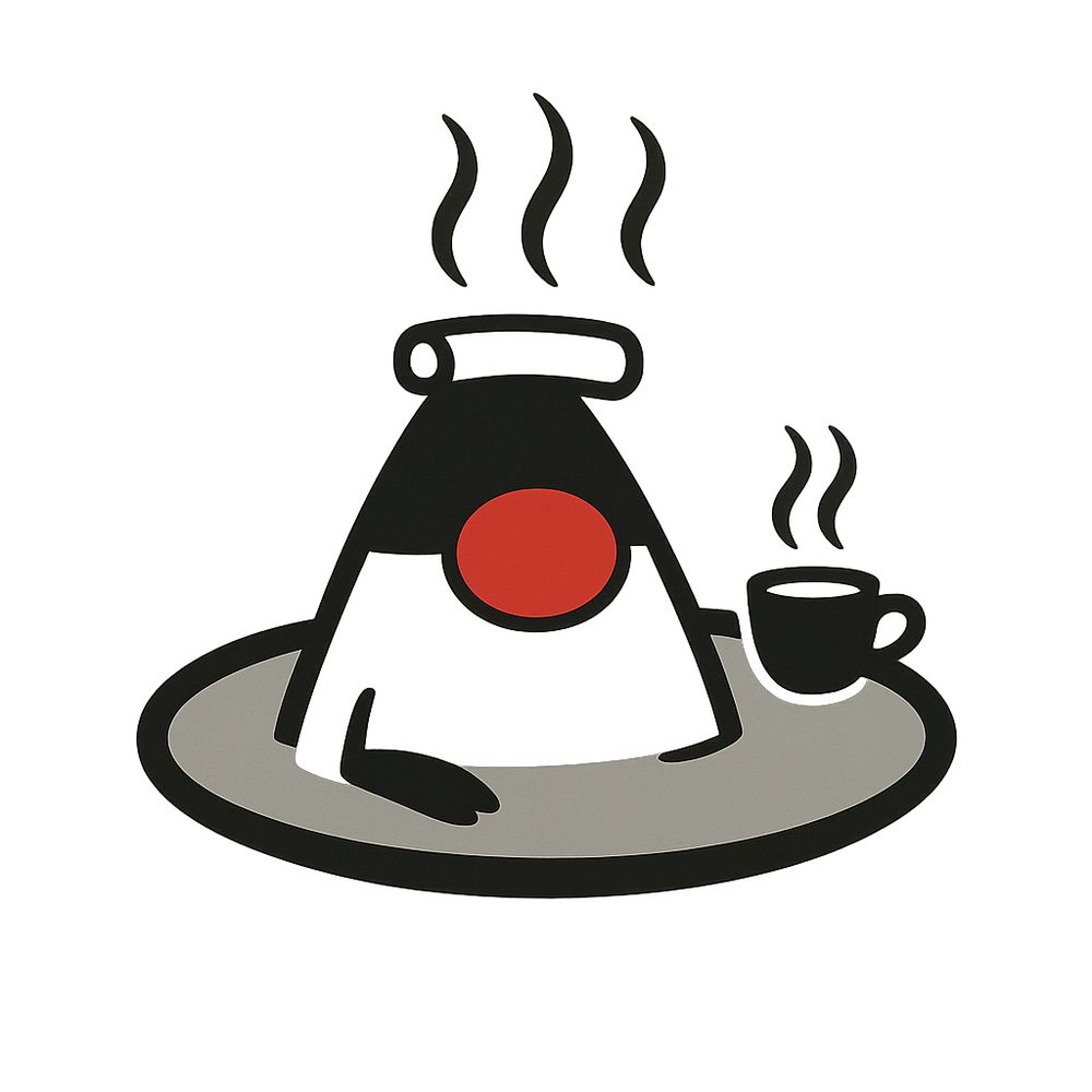 白い三角形で顔が黒くて鼻が赤いキャラクターが、頭に円筒形のタオルをのせてグレーの温泉に浸かるイラスト。頭から湯気が出ている。右に湯気の出ているコーヒーカップ。キャラクターはJavaのDukeくん、コーヒーカップはJavaのロゴ。ChatGPTによる生成。