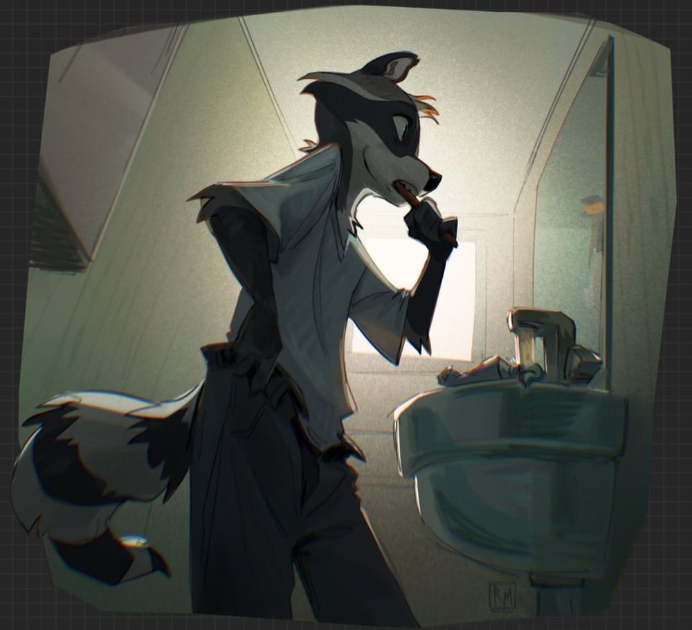 Racoon character getting dressed while brushing their teeth in front of the bathroom mirror in the morning. The water is running and the sun lights up the room from behind them