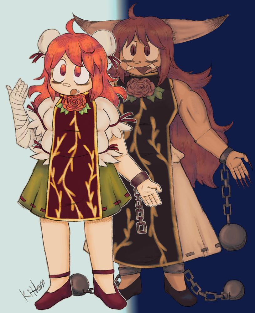 fanart of kasen ibaraki from touhou project. kasen is depicted standing with her right arm raised, mouth open as if lecturing someone. behind her is her original oni form, with her mouth open in a grin. 