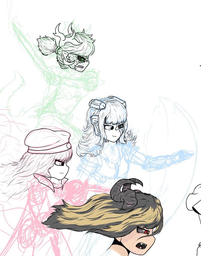 The same picture as before, but with sketches of their bodies in place armed with swords, knives and projected shields.